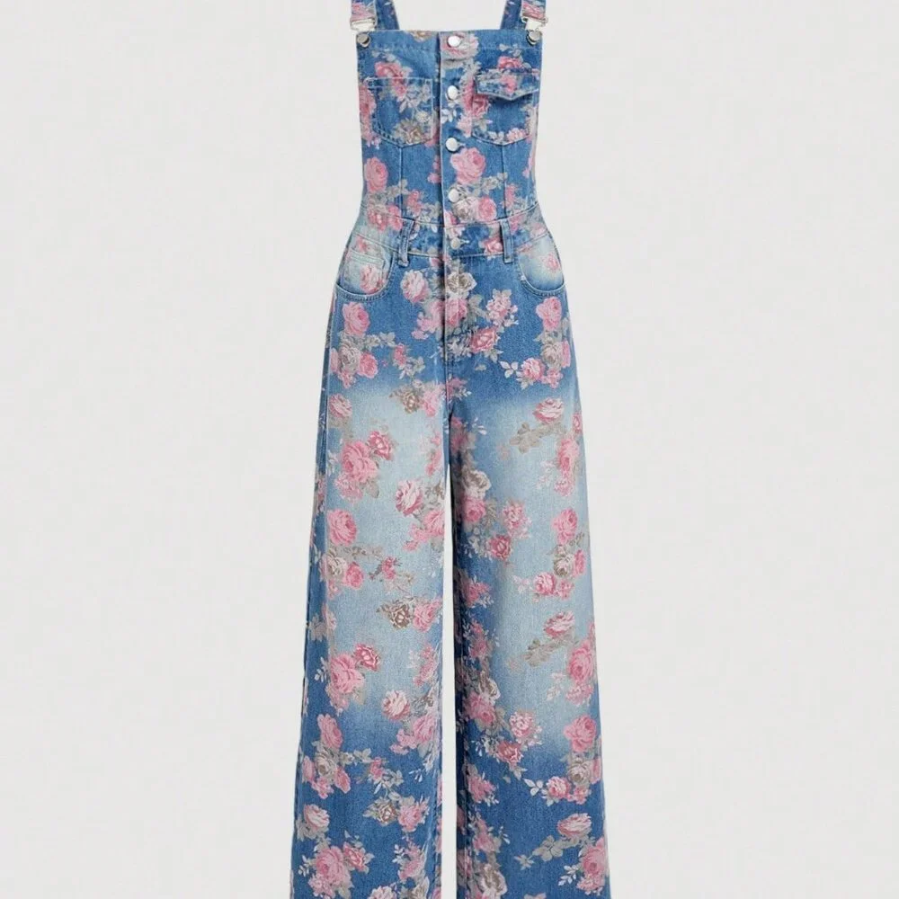 Medium Wash Boho Women's Floral Denim Jumpsuit - Picture 1 of 4